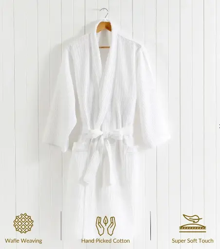 Waffle Bath Robe with Belt White